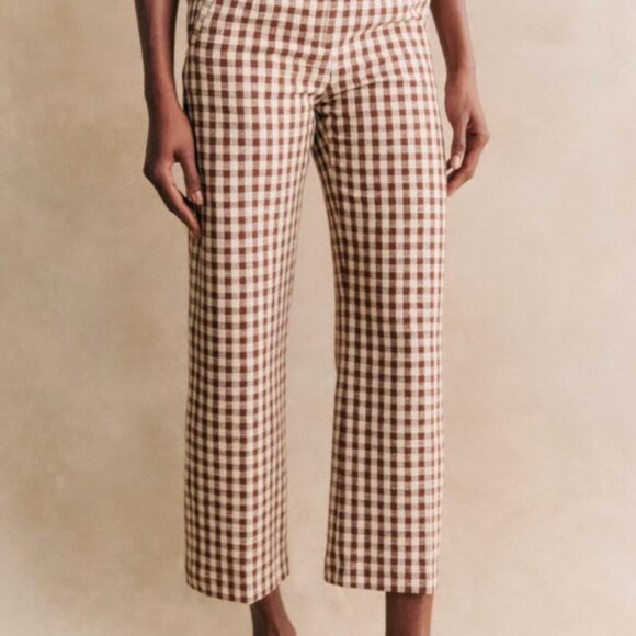 Sezane Martin Crop Trousers Brown Gingham/ Ecru - Size 8 - Picture 2 of 5